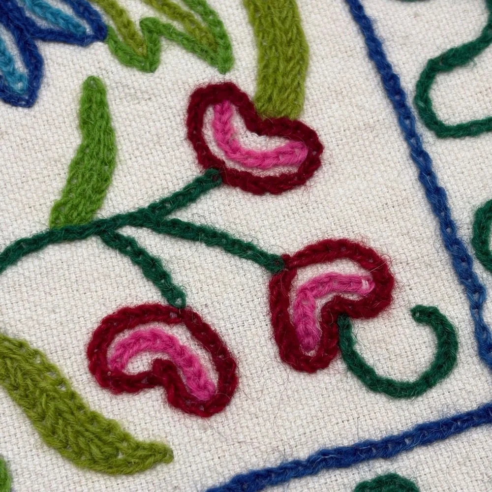 Vintage Boho Embroidered Floral Artisan Tote Bag Round Woven Handle Canvas Purse